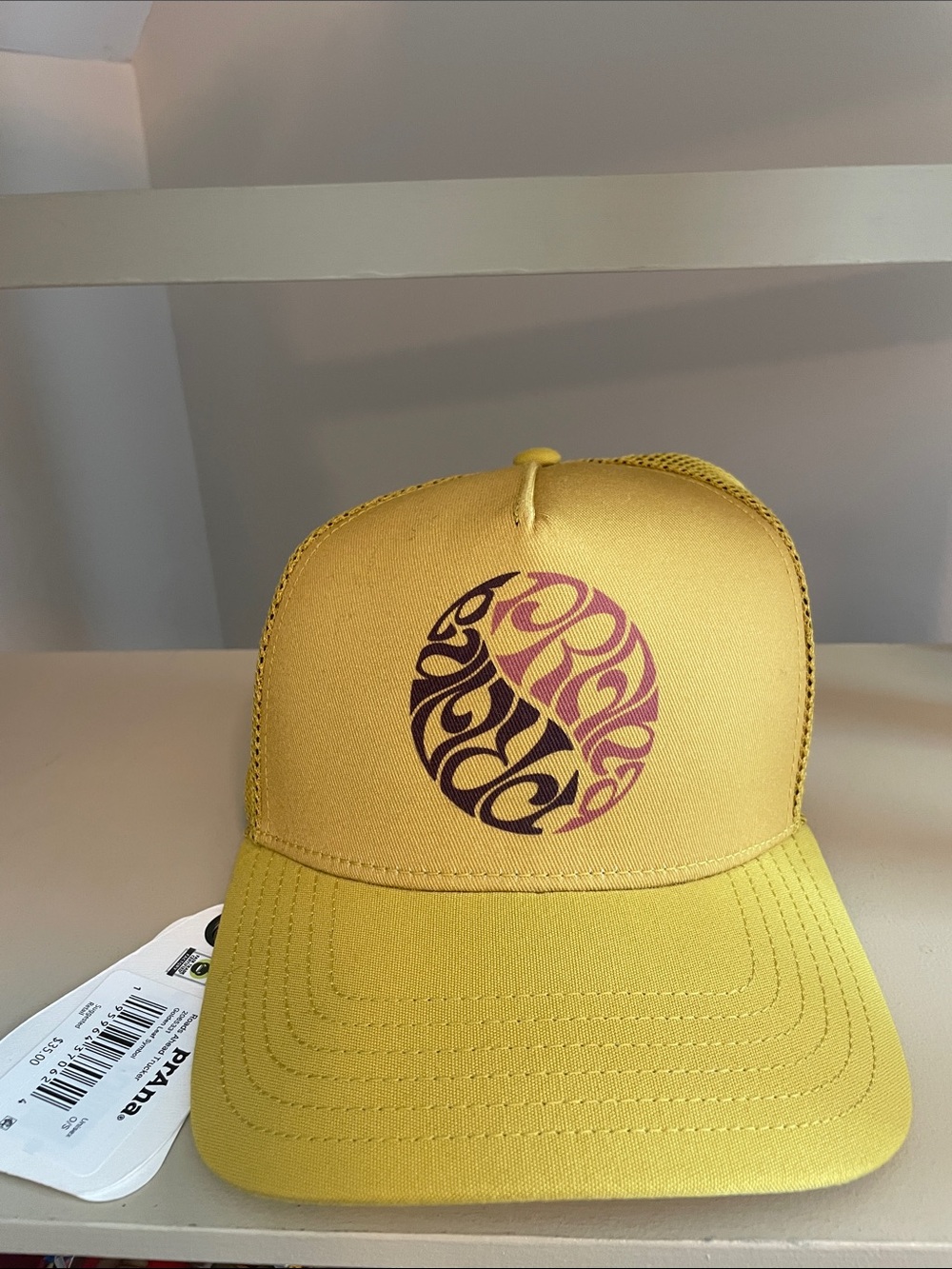 Prana yellow “Ying/Yang” Trucker Hat with Pink & Brown Graphic